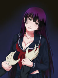Rule 34 | 1boy, 1girl, black hair, grabbing another&#039;s breast, breasts, cleavage, collarbone, ghost, grabbing, guided breast grab, guiding hand, head tilt, hetero, highres, kanoe yuuko, large breasts, long hair, open mouth, q q 958023, red eyes, school uniform, sweat, tasogare otome x amnesia
