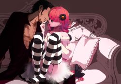 Rule 34 | 1boy, 1girl, alternate hairstyle, bare shoulders, black eyes, black hair, black lips, black thighhighs, blunt bangs, bow, braid, couch, cross, dracule mihawk, dress, eye contact, facial hair, feeding, flower, food, garter belt, hair bow, hair flower, hair ornament, highres, jewelry, kuraigana island, lipstick, long hair, looking at another, low-tied long hair, makeup, marmaladica, marshmallow, nail polish, necklace, one piece, pectorals, perona, pillow, pink hair, pink nails, sitting, sitting on person, smile, striped clothes, striped thighhighs, sweater, thighhighs, twin braids, very long hair, white thighhighs, yellow eyes