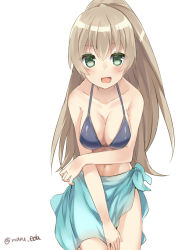 Rule 34 | 10s, 1girl, :d, alternate costume, bikini, bikini top only, blush, breasts, cleavage, cowboy shot, green eyes, kantai collection, kumano (kancolle), light brown hair, maruki (punchiki), open mouth, ponytail, sarong, simple background, smile, solo, swimsuit, twitter username, white background