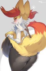 Rule 34 | 1girl, animal ear fluff, animal ears, animal nose, ass, black fur, blush, body fur, braixen, breasts, commentary request, creatures (company), fox ears, fox girl, fox tail, furry, furry female, game freak, gen 6 pokemon, grey background, highres, holding, large breasts, looking at viewer, nintendo, open mouth, pantyhose, pokemon, pokemon (creature), smile, snout, solo, stick, suurin (ksyaro), tail, white fur, yellow fur