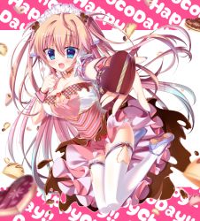 Rule 34 | 1girl, :d, blue eyes, blush, box, box of chocolates, breasts, bridal garter, brown hair, candy, chocolate, chocolate heart, cleavage, dress, fang, food, frills, heart, maid headdress, md5 mismatch, nail polish, open mouth, outstretched hand, resized, smile, thighhighs, two side up, white thighhighs