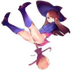 Rule 34 | 1girl, artist name, ass, bad id, bad tumblr id, blush, bottomless, broom, brown hair, hat, highres, kagari atsuko, legs, legs up, little witch academia, looking at viewer, midair, no panties, one eye closed, red eyes, roropull, signature, simple background, solo, thighs, white background, witch hat