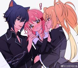 Rule 34 | !, 1boy, 2girls, animal ears, bisexual female, black choker, black dress, black jacket, black sleeves, blonde hair, blue hair, blush, brother and sister, cat boy, cat ears, chinese commentary, choker, clenched teeth, collarbone, collared jacket, collared shirt, commentary request, cross, cross choker, crossed arms, dated, dream han, dress, eyelashes, frilled sleeves, frills, frown, full-face blush, hair ornament, hand on another&#039;s face, high collar, highres, hinamori amu, holding another&#039;s wrist, hoshina utau, jacket, juliet sleeves, licking another&#039;s hand, long sleeves, multiple girls, necktie, pink hair, puffy sleeves, purple eyes, red necktie, school uniform, seiyo academy school uniform, shirt, short hair, shugo chara!, siblings, signature, simple background, sweat, teeth, tsukiyomi ikuto, twintails, upper body, watermark, weibo logo, weibo watermark, white background, white shirt, wide sleeves, x hair ornament, yellow eyes