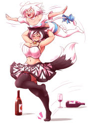 Rule 34 | 2girls, :&gt;, :d, animal ear legwear, animal ears, artist name, bell, black hair, black legwear, blue bow, blue lips, blush, bottle, bouncing breasts, bow, breasts, camisole, carrying, carrying overhead, cat ear legwear, cat ears, cat tail, choker, cup, drinking glass, drunk, closed eyes, full body, highres, kat (mazume), kit (mazume), large breasts, lipstick, makeup, mazume, motion lines, multicolored hair, multiple girls, navel, neck bell, no shoes, nose blush, o o, open mouth, original, outstretched arms, running, shirt, short hair, short shorts, shorts, simple background, skirt, small breasts, smile, spread arms, streaked hair, swimsuit, t-shirt, tail, tail bow, tail ornament, thighhighs, two-tone hair, v-shaped eyebrows, white background, white hair, white legwear, wine bottle, wine glass