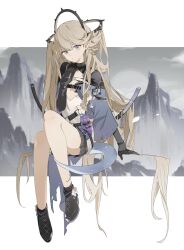 Rule 34 | 1girl, absurdly long hair, arknights, asymmetrical gloves, belt pouch, black footwear, black gloves, black socks, blonde hair, blue capelet, bracelet, breasts, capelet, choker, dress, flower, full body, gloves, hair spread out, hand on own chin, head tilt, headgear, highres, indigo (arknights), infection monitor (arknights), invisible chair, jewelry, kamanberu sando, long hair, looking at viewer, mismatched gloves, off shoulder, pointy ears, pouch, purple eyes, shrug (clothing), sitting, small breasts, snake tail, socks, solo, tail, test tube, very long hair, wedge heels, white dress, white flower