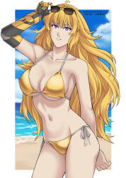 1girl absurdres blonde_hair border bra breasts cleavage cloud eyewear_on_head hair_between_eyes highres large_breasts long_hair mechanical_arms ocean panties patreon_username purple_eyes rwby single_mechanical_arm sky smile solo sunglasses tehshraid thighs twitter_username underwear white_border yang_xiao_long yellow_bra yellow_panties