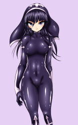 Rule 34 | 1girl, black bodysuit, bodysuit, breasts, covered erect nipples, covered navel, highres, latex, latex suit, long hair, looking at viewer, nun, original, purple eyes, purple hair, rrrd, shiny clothes, skin tight, smile, solo