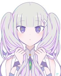 Rule 34 | 1girl, :o, alternate hairstyle, bare shoulders, blunt bangs, breasts, bunching hair, cleavage, commentary request, detached sleeves, dress, egamitai123, emilia (re:zero), gem, green gemstone, grey hair, hair ornament, hands up, highres, holding, holding hair, long hair, looking at viewer, medium breasts, purple eyes, re:zero kara hajimeru isekai seikatsu, signature, simple background, slit pupils, solo, sparkling eyes, twintails, upper body, white background, white dress, x hair ornament