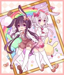 Rule 34 | 10s, 2boys, :d, ahoge, alternate hairstyle, animal ears, back-to-back, black hair, bow, rabbit ears, rabbit tail, candy, cherry, collared shirt, doughnut, food, fruit, hair bow, honebami toushirou, hyou (pixiv3677917), low twintails, male focus, multiple boys, namazuo toushirou, open mouth, overalls, purple eyes, rainbow, shirt, smile, stuffed animal, stuffed rabbit, stuffed toy, tail, thighhighs, touken ranbu, trap, twintails, white hair, white legwear