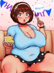 Rule 34 | 1girl, absurdres, belly, borrowed character, breasts, brown eyes, brown hair, cake, cleavage, cleft of venus, eating, female pubic hair, food, fork, hairband, highres, huge breasts, looking at viewer, nail polish, no bra, no panties, original, plump, pubic hair, public indecency, public nudity, purin (lightsource), pussy, pussy peek, randomboobguy, sitting, skirt, solo, thick eyebrows, thick thighs, thighs