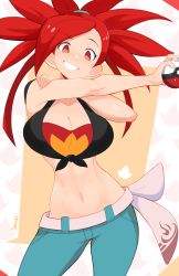 Rule 34 | 1girl, bare arms, belt, black shirt, breasts, cleavage, commentary, cowboy shot, creatures (company), eyelashes, flannery (pokemon), game freak, green pants, grin, hair tie, highres, holding, holding poke ball, jellcaps, long hair, looking at viewer, midriff, navel, nintendo, pants, poke ball, poke ball (basic), pokemon, pokemon oras, red eyes, red hair, shirt, signature, smile, solo, teeth, tied shirt, white belt