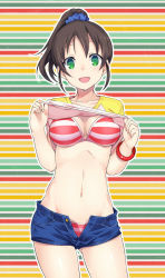Rule 34 | 10s, 1girl, bikini, bra, bracelet, breasts, brown hair, cleavage, clothes lift, denim, denim shorts, green eyes, harada miyo, idolmaster, idolmaster cinderella girls, jewelry, lifted by self, long hair, looking at viewer, navel, open clothes, open fly, open shorts, panties, ponytail, shirt lift, short shorts, shorts, smile, solo, striped background, striped bikini, striped bra, striped clothes, striped panties, swimsuit, swimsuit under clothes, torimaru, unbuttoned, underwear, unzipped