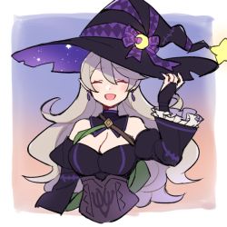 Rule 34 | 1girl, black dress, blush, breasts, cleavage, cleavage cutout, closed eyes, clothing cutout, corrin (female) (fire emblem), corrin (fire emblem), do m kaeru, dress, earrings, female focus, fingerless gloves, fire emblem, fire emblem fates, fire emblem heroes, frilled sleeves, frills, gloves, hat, jewelry, large breasts, long hair, nintendo, official alternate costume, open mouth, pointy ears, solo, upper body, white hair, witch hat