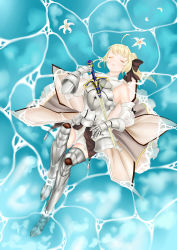 Rule 34 | 1girl, absurdres, ahoge, armor, armored dress, artoria pendragon (fate), bare shoulders, blonde hair, bow, caliburn (fate), capcom, detached sleeves, dress, closed eyes, fate/stay night, fate/unlimited codes, fate (series), flower, gauntlets, hair bow, highres, huang jing, lying, ponytail, saber (fate), saber lily, solo, sword, water, weapon