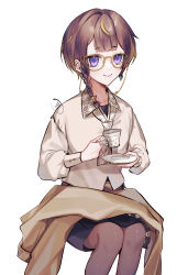 Rule 34 | 1girl, absurdres, anya melfissa, anya melfissa (casual), artist name, beige shirt, black pantyhose, black skirt, blonde hair, braid, brown hair, coat, unworn coat, collarbone, collared shirt, commentary, cup, english commentary, glasses, highres, holding, holding cup, holding tray, hololive, hololive indonesia, invisible chair, joey ruvoa, long sleeves, multicolored hair, necktie, official alternate costume, pantyhose, purple eyes, shirt, side braid, simple background, single braid, sitting, skirt, smile, solo, streaked hair, tray, two-tone hair, virtual youtuber, white background