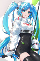 Rule 34 | 1girl, black bodysuit, black gloves, black thighhighs, blue eyes, blue hair, blush, bodysuit, closed mouth, clothes writing, covered navel, gloves, hatsune miku, headgear, highres, long hair, long sleeves, looking at viewer, racing miku, racing miku (2022), shrug (clothing), single thighhigh, skin tight, skindentation, smile, solo, soramame pikuto, staff, thighhighs, twintails, very long hair, vocaloid, white background