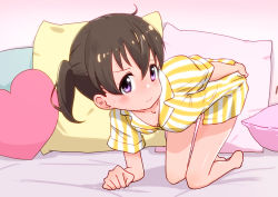 Rule 34 | 1girl, all fours, barefoot, black hair, blush, breasts, closed mouth, commentary request, cushion, downblouse, full body, hair between eyes, highres, kuraue hinata, looking at viewer, on bed, pajamas, pillow, purple eyes, ryuuma (norinori taruto), short hair, small breasts, solo, striped clothes, striped pajamas, twintails, wavy mouth, yama no susume