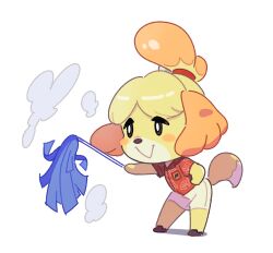 Rule 34 | 1girl, :&gt;, animal crossing, black eyes, blush, blush stickers, breast pocket, bright pupils, cleaning, closed mouth, collared shirt, commentary request, dog girl, dust cloud, duster, furry, furry female, hair tie, highres, holding, holding duster, isabelle (animal crossing), kopa nishikida, leaf print, leaning forward, nintendo, pocket, print shirt, red shirt, shirt, short sleeves, simple background, skirt, smile, solo, standing, topknot, white background, white pupils, white skirt