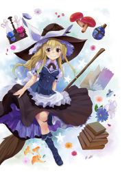 Rule 34 | 1girl, apron, at-yui, blonde hair, blush, book, bow, broom, brown eyes, flower, ginkgo tree, hat, hat bow, kirisame marisa, lily (flower), long hair, mushroom, open book, smile, solo, touhou, vial, waist apron, witch hat