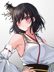 Rule 34 | 1girl, bare shoulders, black hair, blush, breasts, detached sleeves, floral print, gradient background, hair ornament, hair ribbon, highres, japanese clothes, kantai collection, large breasts, nontraditional miko, red eyes, ribbon, short hair, signature, solo, upper body, wide sleeves, yamashiro (kancolle), yamashiro kai ni (kancolle), youmou usagi