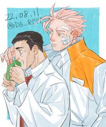 Rule 34 | 2boys, bandaid, behind another, black hair, brown eyes, cup, deruha (this communication), drinking, frown, green eyes, high collar, holding, holding cup, holding mug, huge eyebrows, male focus, mug, multiple boys, necktie, parted lips, patch, pink hair, red necktie, shirt, shochou (this communication), short hair, slicked back hair, spiked hair, teeth, this communication, upper body, white shirt