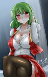 Rule 34 | 1girl, absurdres, adjusting hair, ascot, black thighhighs, blush, breasts, cleavage, crossed legs, dated, green hair, highres, hisin, kazami yuuka, large breasts, looking at viewer, medium hair, parted lips, plaid, plaid skirt, plaid vest, red eyes, signature, sitting, skirt, smile, solo, thighhighs, touhou, undone ascot, vest