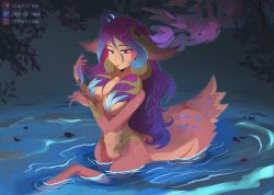 Rule 34 | 1girl, absurdres, animal ears, bare shoulders, body fur, breasts, centaur, closed mouth, collarbone, flower, hair flower, hair ornament, highres, holding, large breasts, league of legends, lillia (league of legends), long hair, multicolored hair, navel, odeko yma, petals, petals on liquid, purple hair, shiny skin, smile, solo, taur, wading, water, wet, wet hair