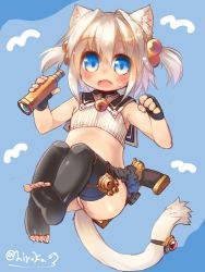 Rule 34 | 1girl, animal ears, bell, black thighhighs, blue eyes, cat ears, cat girl, cat tail, collar, copyright request, female focus, fingerless gloves, flat chest, full body, gloves, midriff, neck bell, open mouth, short twintails, solo, tail, telescope, thighhighs, toba hiyoko, toeless legwear, toes, twintails, twitter username
