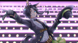 Rule 34 | 1girl, animal ears, arm up, asymmetrical hair, backlighting, black gloves, black hair, black jacket, black necktie, blue gemstone, blue hair, center frills, center opening, collared shirt, ear ornament, fedora, floating hair, frilled shirt, frills, fuji kiseki (umamusume), gem, gloves, grey hair, grin, hand up, hat, highres, holding, holding clothes, holding hat, horse ears, horse girl, horse tail, isobee, jacket, jewelry, long hair, long sleeves, looking at viewer, multicolored hair, necktie, one eye closed, open clothes, open jacket, outstretched arm, pointing, shirt, side ponytail, smile, solo, stage lights, tail, two-tone hair, umamusume, unworn hat, unworn headwear, upper body, white shirt, wing collar