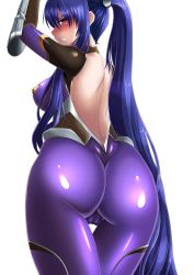 Rule 34 | 00s, 1girl, akiyama rinko, angry, ass, back, blue hair, blush, bodysuit, bound, bound wrists, breasts, cameltoe, clenched teeth, female focus, gloves, hair between eyes, highres, large breasts, lilith-soft, long hair, looking at viewer, looking back, ponytail, purple eyes, shiny clothes, shiny skin, simple background, skin tight, taimanin (series), taimanin asagi, taimanin yukikaze, takanotsume, teeth, thigh gap, very long hair, white background