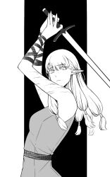 Rule 34 | 1girl, arm wrap, arms up, bare shoulders, blunt bangs, breasts, chinese commentary, closed mouth, dress, dungeon meshi, elf, eyelashes, fighting stance, from side, greyscale, hair tubes, highres, holding, holding sword, holding weapon, irithyll8157351, long hair, looking at viewer, looking to the side, medium breasts, milsiril (dungeon meshi), monochrome, multiple scars, outside border, pointy ears, sash, scar, scar on arm, sleeveless, sleeveless dress, solo, sword, two-handed, upper body, weapon