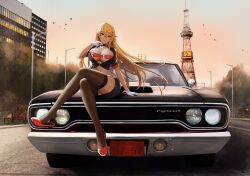 Rule 34 | 1girl, absurdres, bird, black thighhighs, blonde hair, breasts, building, car keys, cleavage, collarbone, commentary, commission, crossed arms, dark-skinned female, dark skin, english commentary, flats, floating hair, glasses, gloves, highres, kcar66t, lamppost, large breasts, long hair, open clothes, open shirt, original, pencil skirt, plymouth (brand), plymouth road runner, real world location, road, sapporo (city), sapporo tv tower, second-party source, sitting on car, skirt, solo, thighhighs, tower, twilight, white gloves, wind, wind lift