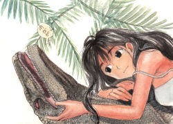 Rule 34 | 1girl, ayanashi kunio, black hair, dinosaur, kanimayo, long hair, lying, original, strap slip, velociraptor