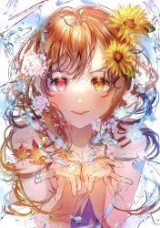 Rule 34 | 1girl, :&gt;, asymmetrical bangs, autumn leaves, bare shoulders, brown hair, camisole, closed mouth, curly hair, dot nose, flower, hair flower, hair ornament, heterochromia, highres, light blush, light smile, long hair, looking at viewer, open hands, original, pinapo 25, purple camisole, red eyes, solo, sunflower, upper body, water, water drop, white background, white flower, yellow eyes, yellow flower