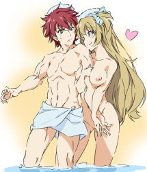 Rule 34 | 1boy, 1girl, blonde hair, blue eyes, blush, bow, breasts, eye contact, grabbing another&#039;s hand, hair bow, hair ribbon, holding hands, liz hohenstein, long hair, looking at another, mixed-sex bathing, muv-luv, muv-luv alternative, naked towel, nipples, nude, onsen, ribbon, schwarzesmarken, shared bathing, theodor edelbach, towel, two side up, umanosuke, wading