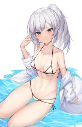 Rule 34 | 1girl, absurdres, aoria, bare shoulders, bikini, blue eyes, breasts, breasts apart, closed mouth, collarbone, commission, grey hair, groin, halterneck, hand up, highres, jacket, long hair, long sleeves, looking at viewer, medium breasts, multi-strapped bikini, navel, off shoulder, open clothes, open jacket, original, ponytail, side-tie bikini bottom, sitting, smile, solo, stomach, string bikini, swimsuit, thighs, water, wet, white bikini, white jacket
