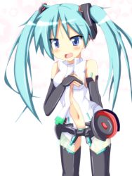 Rule 34 | 1girl, bare shoulders, between breasts, black thighhighs, blue eyes, blush, breast hold, breasts, bridal gauntlets, cosplay, covering privates, covering breasts, elbow gloves, gloves, green hair, hatsune miku, hatsune miku (append), hatsune miku (cosplay), highres, hiiragi kagami, long hair, lucky star, mai (t-5), mai t-5, midriff, miku append (cosplay), navel, open clothes, open mouth, open shirt, see-through, shirt, simple background, solo, tears, thighhighs, tsurime, twintails, vocaloid, vocaloid append