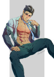 Rule 34 | 1boy, abs, artist name, bara, black hair, blush, collared shirt, creatures (company), denim, evinist, formal, game freak, grey hair, highres, jacket, jeans, larry (pokemon), looking at viewer, male focus, manly, mature male, multicolored hair, muscular, muscular male, necktie, nintendo, nipples, pants, pectorals, pokemon, pokemon sv, shirt, signature, simple background, solo, spread legs, suit, thick eyebrows, tight clothes