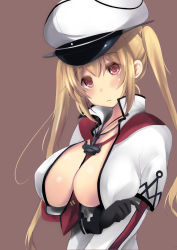 Rule 34 | 10s, 1girl, anchor choker, between breasts, black gloves, blonde hair, blush, breast hold, breasts, cosplay, covered erect nipples, cross, female focus, from behind, gloves, graf zeppelin (kancolle), graf zeppelin (kancolle) (cosplay), hat, head tilt, highres, iron cross, jewelry, kantai collection, large breasts, long hair, long sleeves, military, military uniform, murasame (kancolle), necklace, necktie, necktie between breasts, open clothes, peaked cap, pendant, purunyara, red background, red eyes, red necktie, simple background, sleeves rolled up, solo, twintails, uniform, wavy mouth