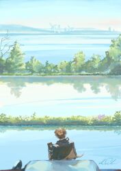 Rule 34 | 1boy, absurdres, blue sky, branch, brown hair, flower, from behind, highres, ocean, original, outdoors, scenery, shigre, short hair, signature, sky, tagme, tree, upper body, water, windmill