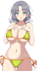 Rule 34 | 1girl, bare arms, bare shoulders, bikini, blue eyes, bow, breasts, cleavage, collarbone, commentary request, cowboy shot, gluteal fold, green bikini, grey hair, groin, hair bow, halterneck, hands on own chest, hands up, highres, large breasts, light blush, looking at viewer, navel, orange bikini, parted lips, senran kagura, short hair, side-tie bikini bottom, simple background, solo, stomach, striped, striped bow, surippa1010, swimsuit, two-tone bikini, white background, white bow, yumi (senran kagura)