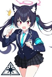 Rule 34 | 1girl, ^^^, animal ear fluff, animal ears, armband, black hair, black skirt, blazer, blue archive, blue armband, blue jacket, blue necktie, blue ribbon, blush, cat ears, clenched hands, collared shirt, commentary, double-parted bangs, hair ribbon, halo, hands up, highres, id card, jacket, kousuke0912, logo, long hair, long sleeves, looking at viewer, miniskirt, necktie, pink halo, plaid, plaid skirt, pleated skirt, red eyes, ribbon, serika (blue archive), shirt, sidelocks, simple background, skirt, solo, twintails, v-shaped eyebrows, white background, white shirt