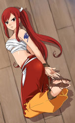 Rule 34 | 1girl, angry, bare arms, bare shoulders, barefoot, bdsm, blush, body blush, bondage, bound, breasts, curvy, erza scarlet, fairy tail, feet, feet together, female focus, full body, highres, hogtie, lost one zero, midriff, nail polish, ponytail, red hair, sarashi, solo, tattoo, toenail polish, toenails, toes