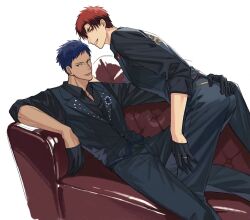 Rule 34 | 2boys, aomine daiki, black gloves, black suit, blue eyes, blue hair, closed mouth, couch, feet out of frame, formal, gloves, highres, kagami taiga, kuroko no basuke, looking at viewer, male focus, mirin (coene65), multiple boys, parted lips, red eyes, red hair, simple background, smile, suit, sweater vest, tan, teeth, torso grab, white background, yaoi