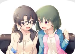 Rule 34 | 2girls, black-framed eyewear, black hair, blush, breasts, clenched hand, closed eyes, collarbone, couch, green hair, hand up, idolmaster, idolmaster million live!, idolmaster million live! theater days, jacket, long hair, long sleeves, looking at another, low twintails, medium breasts, multicolored clothes, multicolored jacket, multiple girls, nagayoshi subaru, on couch, open clothes, open jacket, open mouth, red eyes, shirt, short hair, sitting, small breasts, smile, takayama sayoko, twintails, two-tone jacket, white background, white shirt, yoshika (music480069)