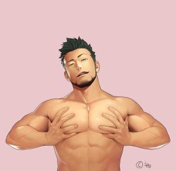 Rule 34 | 1boy, black hair, facial hair, groping, itto (mentaiko), licking lips, looking at viewer, male focus, muscular, naughty face, pectorals, pink background, priapus a. tarou, topless male, solo, tongue, tongue out