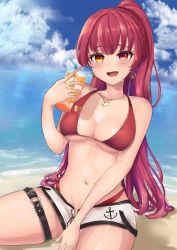 Rule 34 | 1girl, anchor print, arrow through heart, beach, bikini, bikini under clothes, blush, breasts, cup, dolphin shorts, drink, drinking glass, drinking straw, fang, heart, heart necklace, heterochromia, highres, holding, holding cup, holding drink, hololive, houshou marine, houshou marine (summer), ice, ice cube, jewelry, long hair, looking at viewer, medium breasts, navel, necklace, no eyewear, no jacket, o-ring, o-ring thigh strap, ocean, official alternate costume, open mouth, ponytail, red bikini, red eyes, red hair, sand, shizuku-41, shorts, sitting, smile, solo, swimsuit, thigh strap, virtual youtuber, water, wet, yellow eyes