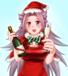 Rule 34 | 10s, 1girl, :d, alcohol, aqua background, blush, bottle, bow, breasts, capelet, champagne, champagne flute, cup, dress, drinking glass, earrings, fingernails, fur trim, glass, hat, highres, holding, holding bottle, holding cup, holding drinking glass, hou., jewelry, jun&#039;you (kancolle), kantai collection, long hair, looking at viewer, magatama, magatama earrings, nail polish, open mouth, purple eyes, red dress, red nails, santa hat, smile, solo, spiked hair, upper body, very long hair