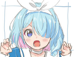 Rule 34 | 1girl, arona (blue archive), blue archive, blue eyes, blue hair, hair ribbon, hands up, highres, looking at viewer, multicolored hair, open mouth, pink hair, ribbon, short hair, solo, tsukumo (tsukumo sos), two-tone hair