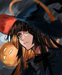 Rule 34 | 1girl, absurdres, black hair, colored inner hair, commentary, dark background, english commentary, expressionless, eyes visible through hair, ghost, hat, highres, light frown, multicolored hair, orange eyes, orange hair, original, saiykik, sketch, two-tone hair, upper body, witch, witch hat